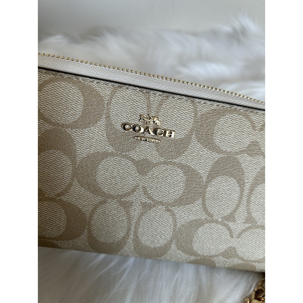 Coach Signature Long Zip Around Wallet Light Khaki Chalk Canvas Leather NEW - Picture 6 of 6